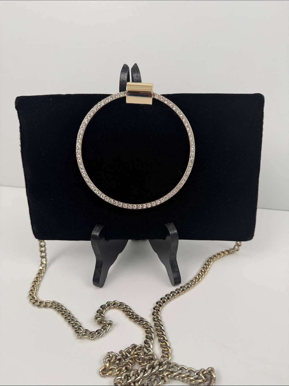 Twentyfourhaitch  black Velvet Clutch with Gold Rhinestone Ring Handle